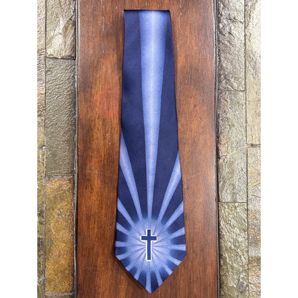 LARSON Men's 100% Silk Navy‎ Blue Cross Graphic Necktie Vintage